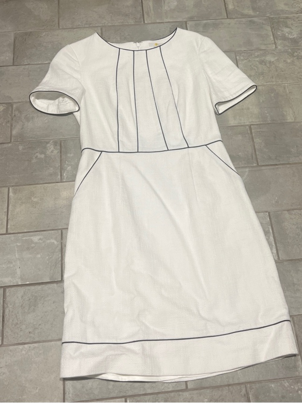 Boden White Short-Sleeve Sheath Dress with Navy Piping